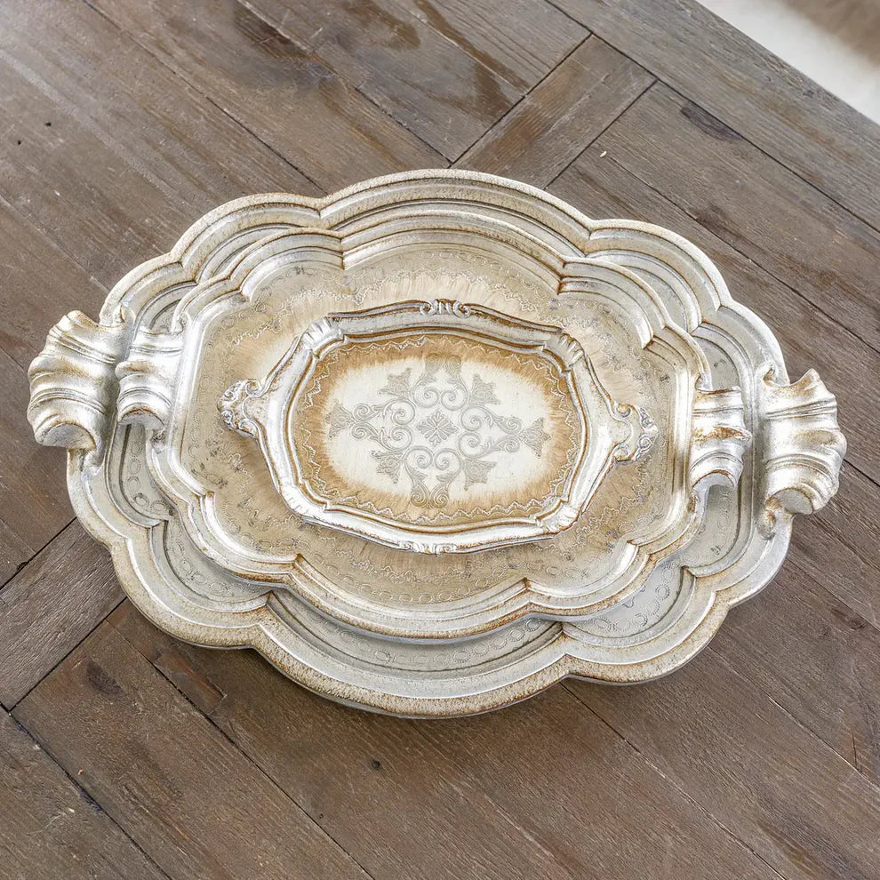 Florentino Antique Silver Wooden Tray - Extra Large