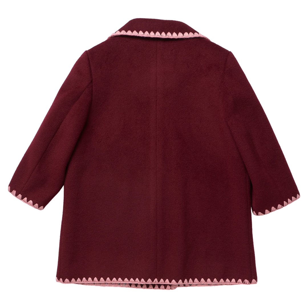 Back view of Girls Beck Peacoat Burgundy with contrasting pink embroidered trim
