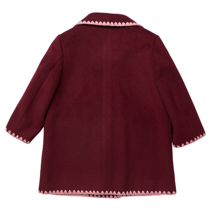 Back view of Girls Beck Peacoat Burgundy with contrasting pink embroidered trim