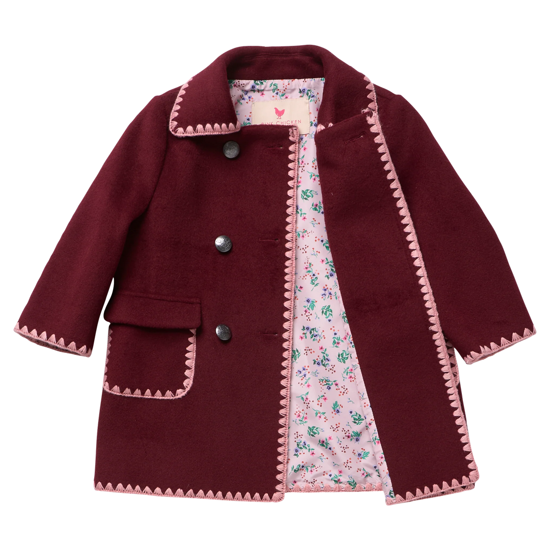Girls Beck Peacoat Burgundy open to show floral printed lining and pink embroidered trim