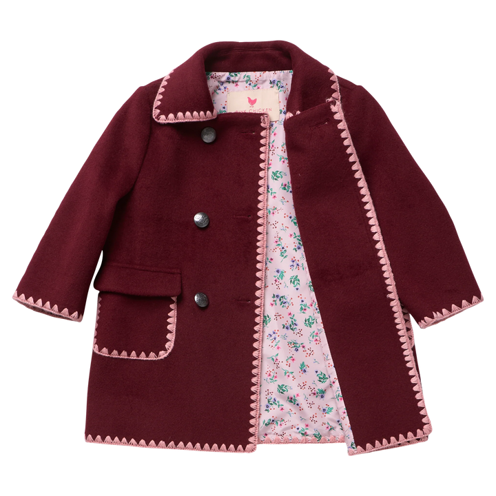 Girls Beck Peacoat Burgundy open to show floral printed lining and pink embroidered trim