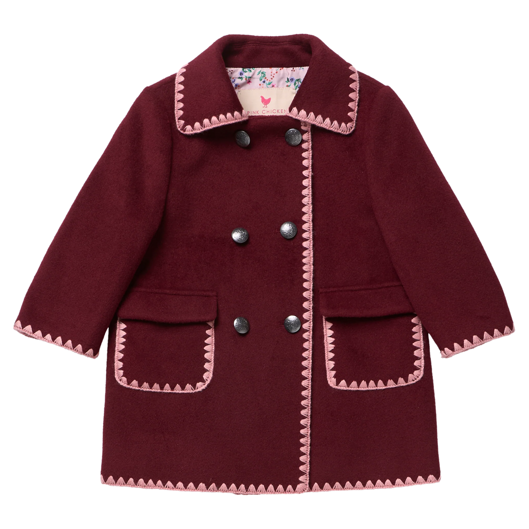Girls Beck Peacoat Burgundy with pink embroidered trim, double-breasted buttons, and front patch pockets
