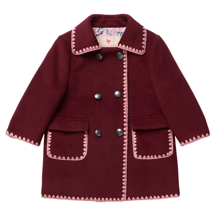 Girls Beck Peacoat Burgundy with pink embroidered trim, double-breasted buttons, and front patch pockets