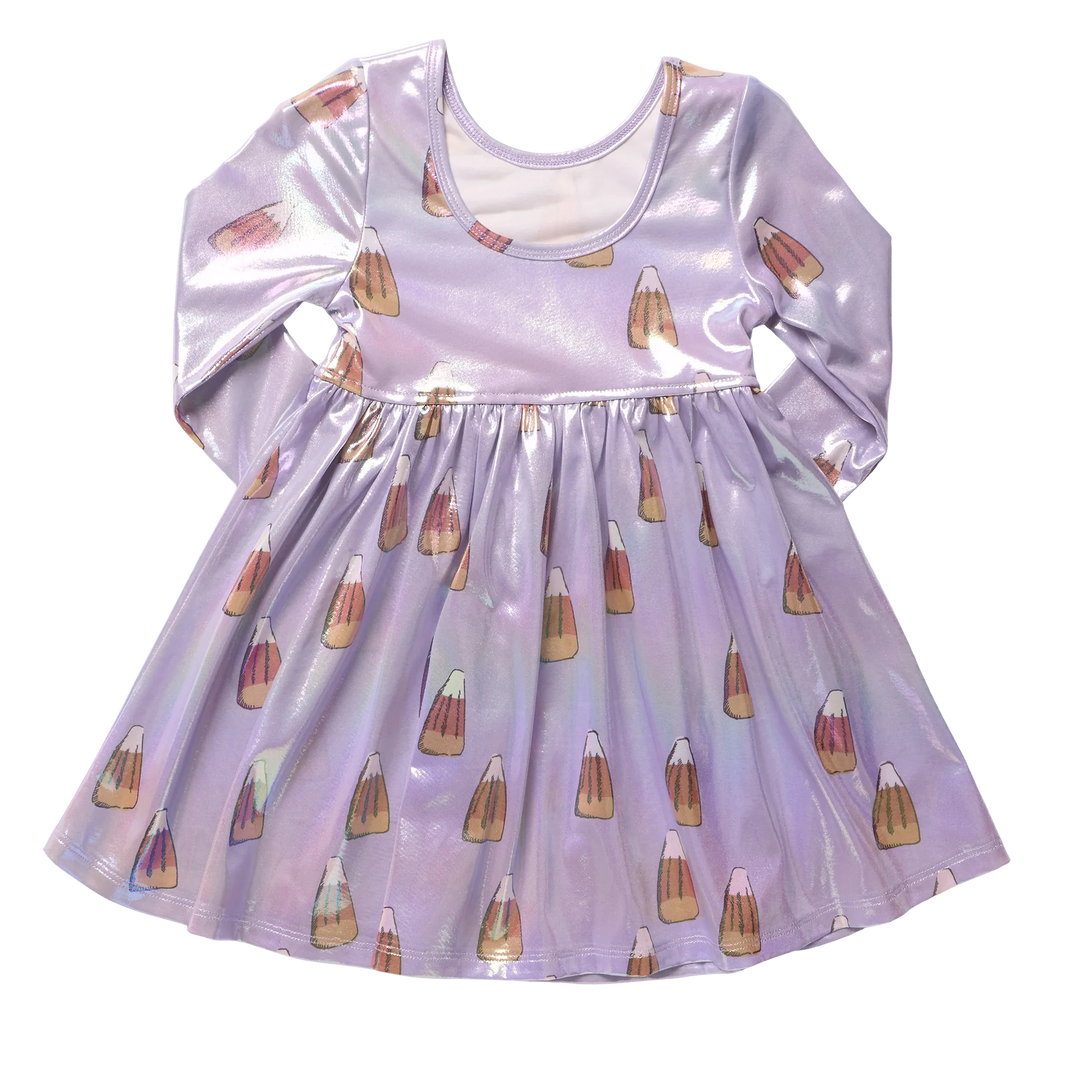 Back view of girls iridescent lavender candy corn Halloween dress with long sleeves, scoop back neckline, and gathered skirt.