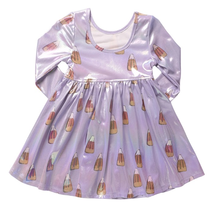 Back view of girls iridescent lavender candy corn Halloween dress with long sleeves, scoop back neckline, and gathered skirt.