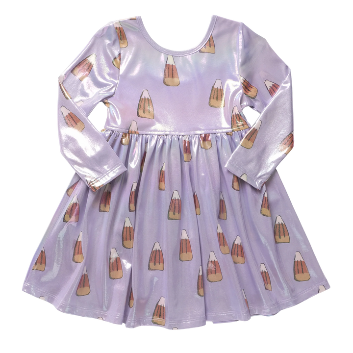 Front view of girls iridescent lavender candy corn dress with long sleeves, round neckline, gathered waist, and Halloween candy corn print.
