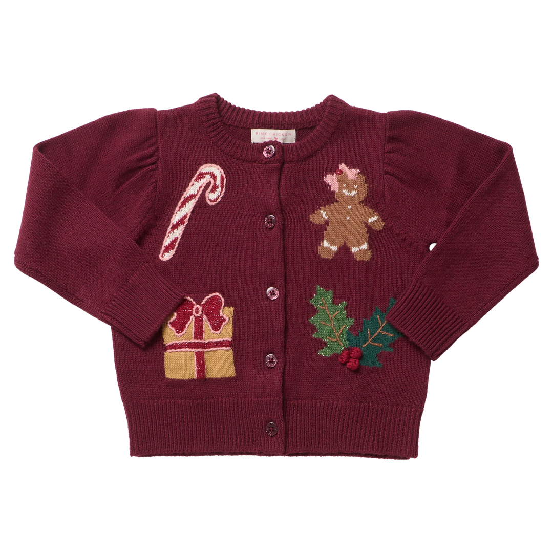 Pink Chicken Girls Constance Sweater in burgundy featuring gingerbread, candy cane, Christmas present, and holly patches with a button-front design.