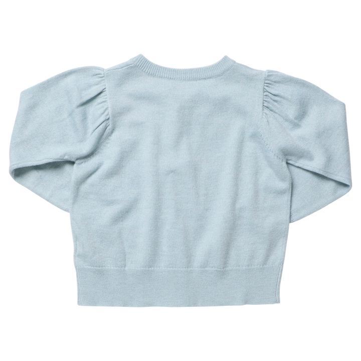 Back view of Pink Chicken Girls Constance Sweater featuring solid light blue knit fabric, puff sleeves, and ribbed hem