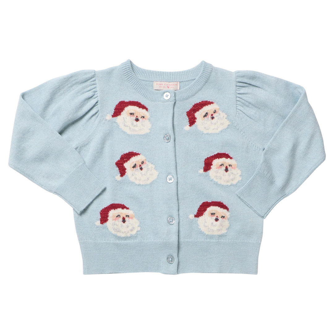 Pink Chicken Girls Constance Sweater in Tossed Santas featuring a light blue knit, Santa faces, puff sleeves, and button front