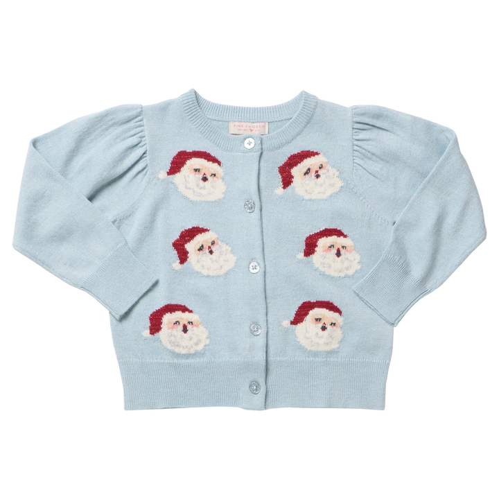 Pink Chicken Girls Constance Sweater in Tossed Santas featuring a light blue knit, Santa faces, puff sleeves, and button front