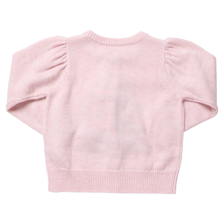 Back view of Pink Chicken Girls Constance Sweater in light pink featuring long puff sleeves, ribbed neckline, cuffs, and hem