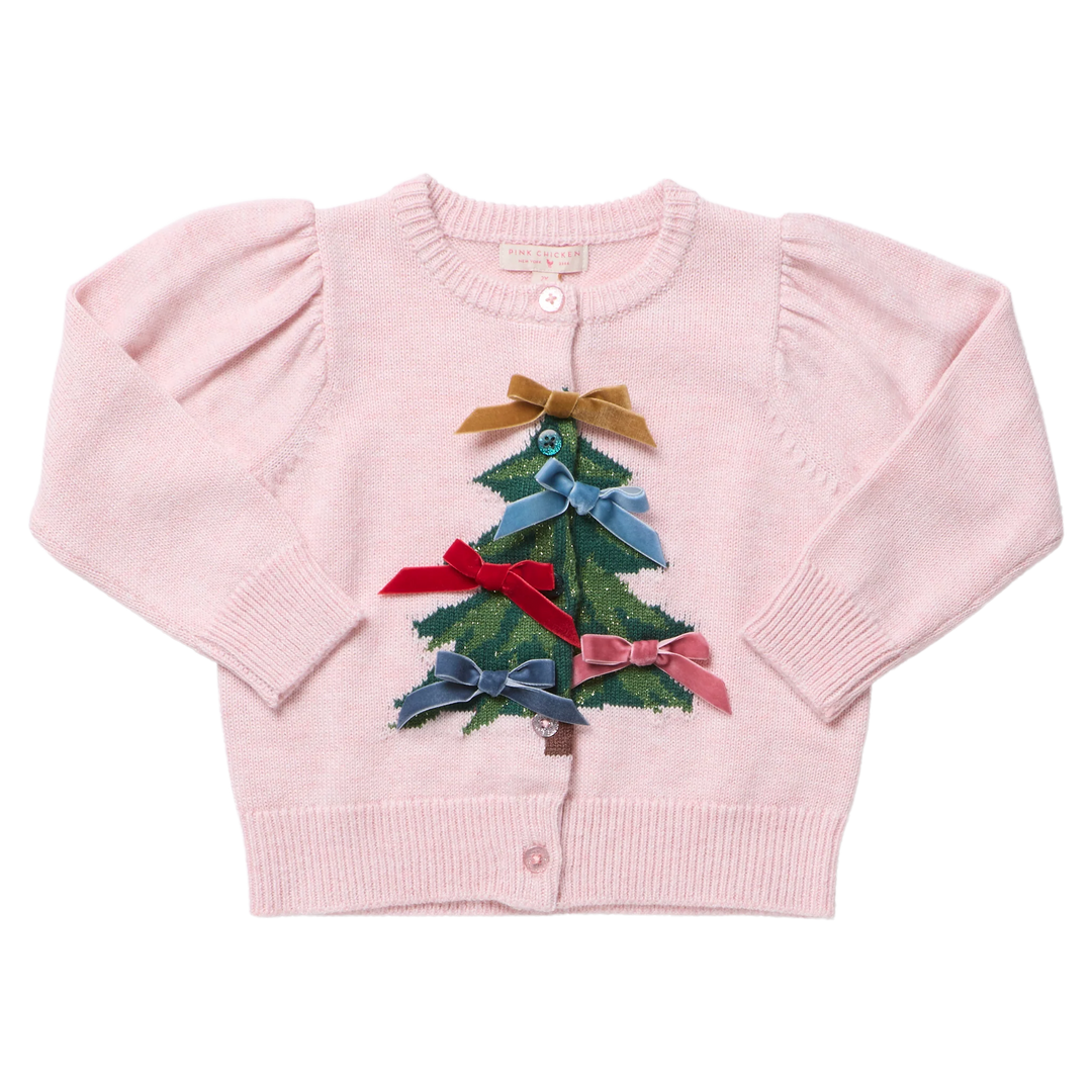 Pink Chicken Girls Constance Sweater in light pink featuring a green Christmas tree decorated with colorful velvet bows and sparkling buttons