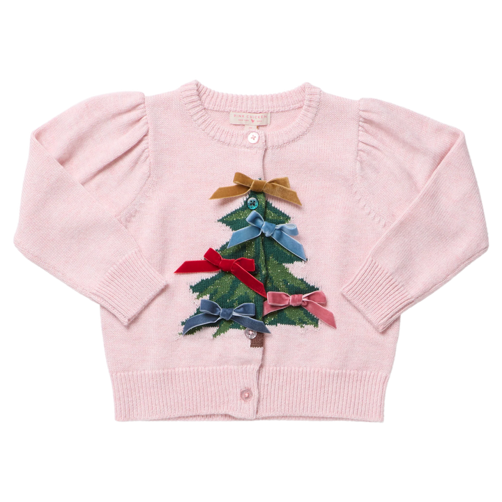 Pink Chicken Girls Constance Sweater in light pink featuring a green Christmas tree decorated with colorful velvet bows and sparkling buttons