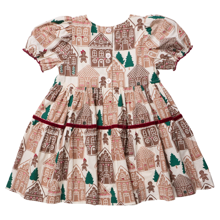 Pink Chicken Girls Eliza Dress in Gingerbread Houses featuring a festive gingerbread house print, puff sleeves, burgundy velvet trim, and tiered skirt.