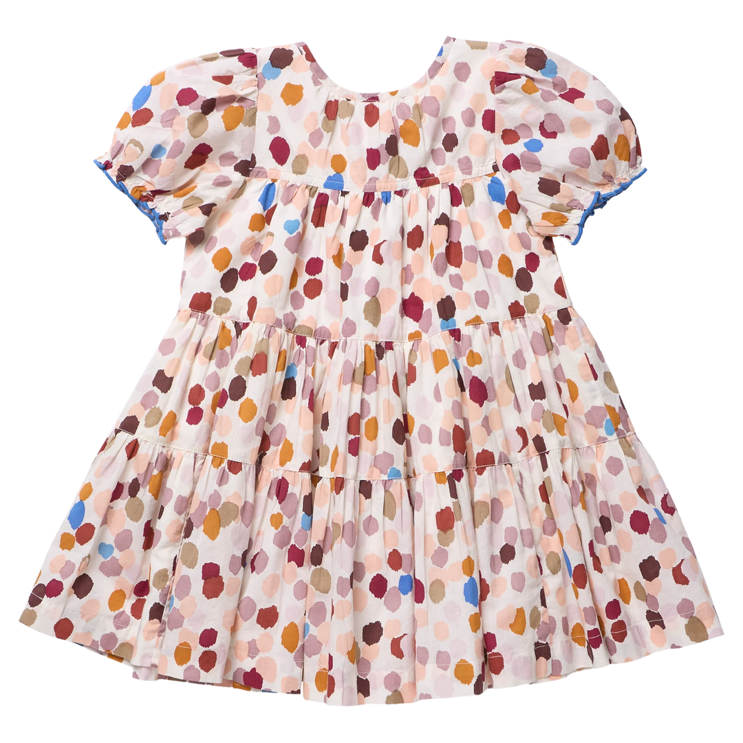 Back view of Girls Elizabeth Dress in Autumn Spots with puff sleeves and tiered skirt