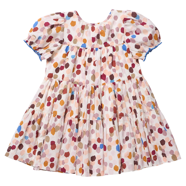 Back view of Girls Elizabeth Dress in Autumn Spots with puff sleeves and tiered skirt