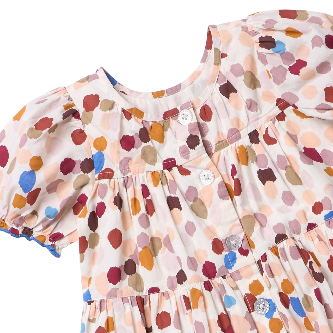 Close-up of Girls Elizabeth Dress in Autumn Spots showing puff sleeves, gathered bodice, and decorative buttons