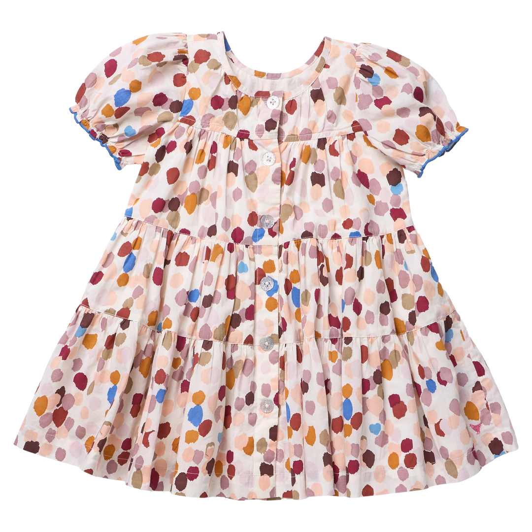 Girls Elizabeth Dress in Autumn Spots with colorful print, puff sleeves, tiered skirt, and button front