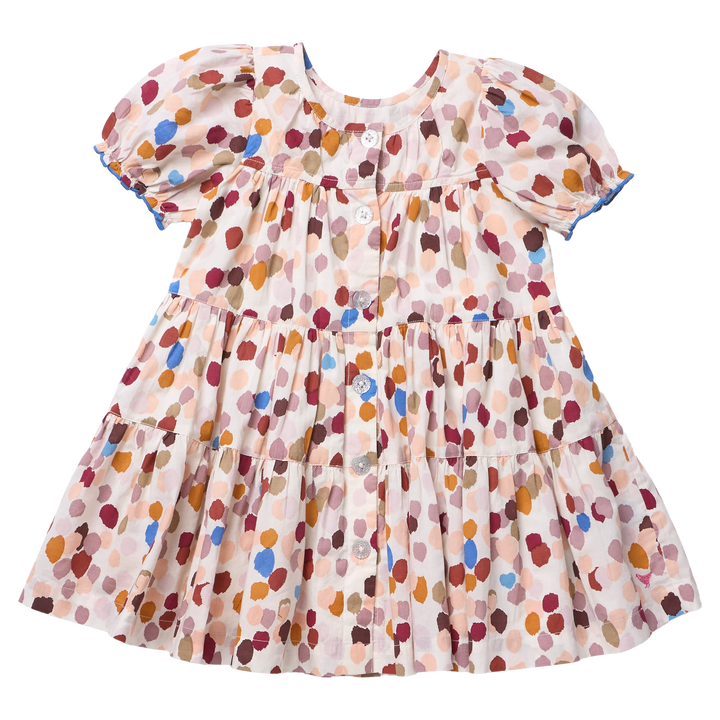 Girls Elizabeth Dress in Autumn Spots with colorful print, puff sleeves, tiered skirt, and button front