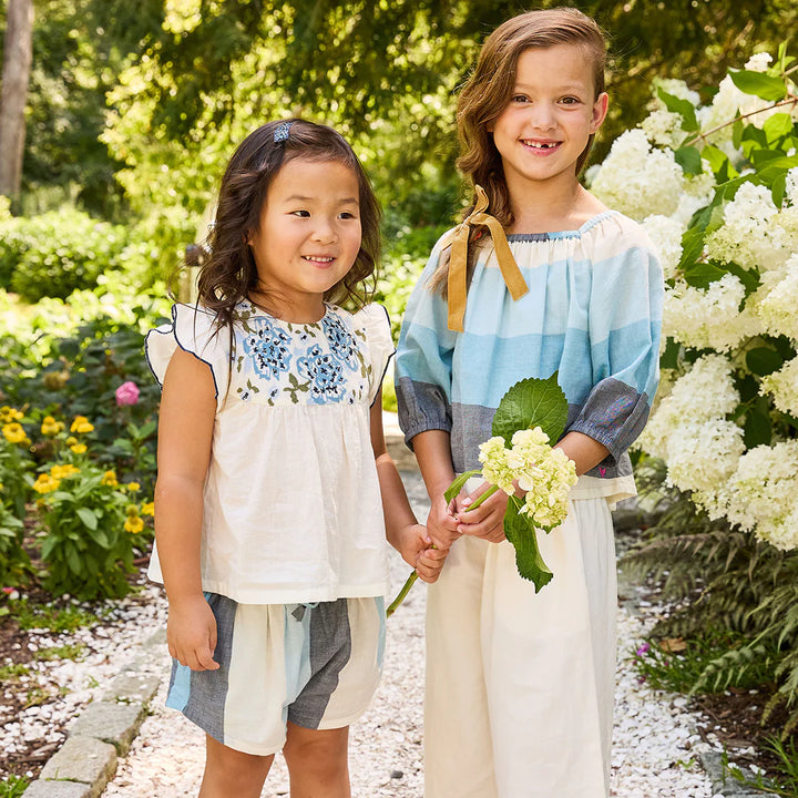 Girls Kari Top - Multi Blue Embroidery