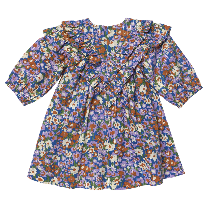 Back view of Girls Everly Dress True Blue Sketched Floral with layered shoulder ruffles and flowy silhouette