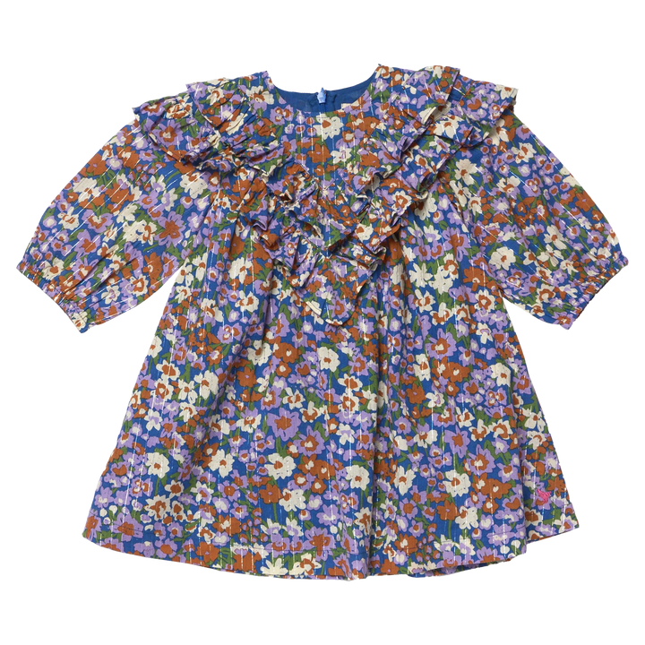 Girls Everly Dress True Blue Sketched Floral with layered ruffles, puff sleeves, and colorful floral print