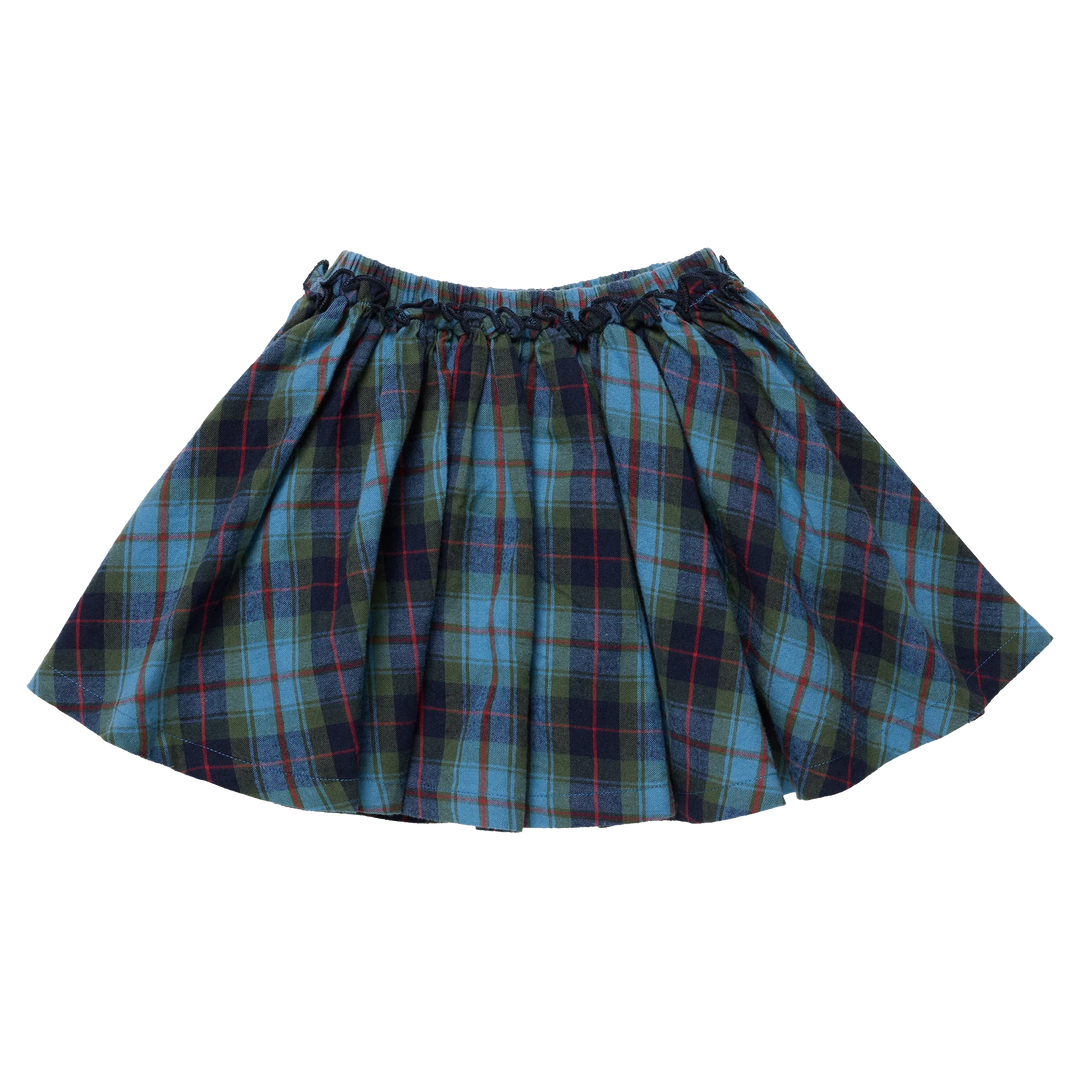 Pink Chicken Girls Gianna Skirt in Blue Tartan featuring blue, green, navy, and red plaid with a gathered waistband and flared silhouette