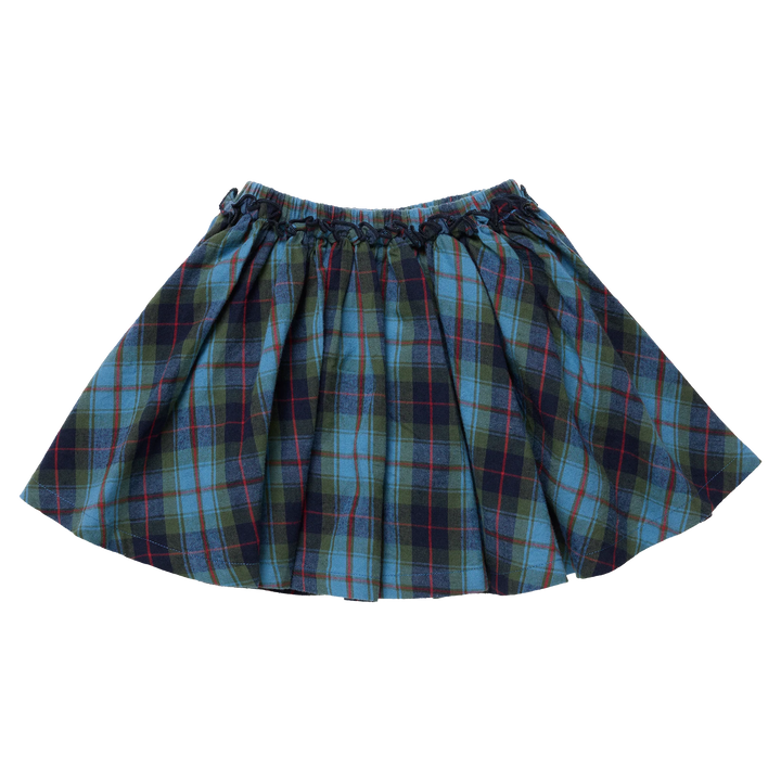 Pink Chicken Girls Gianna Skirt in Blue Tartan featuring blue, green, navy, and red plaid with a gathered waistband and flared silhouette