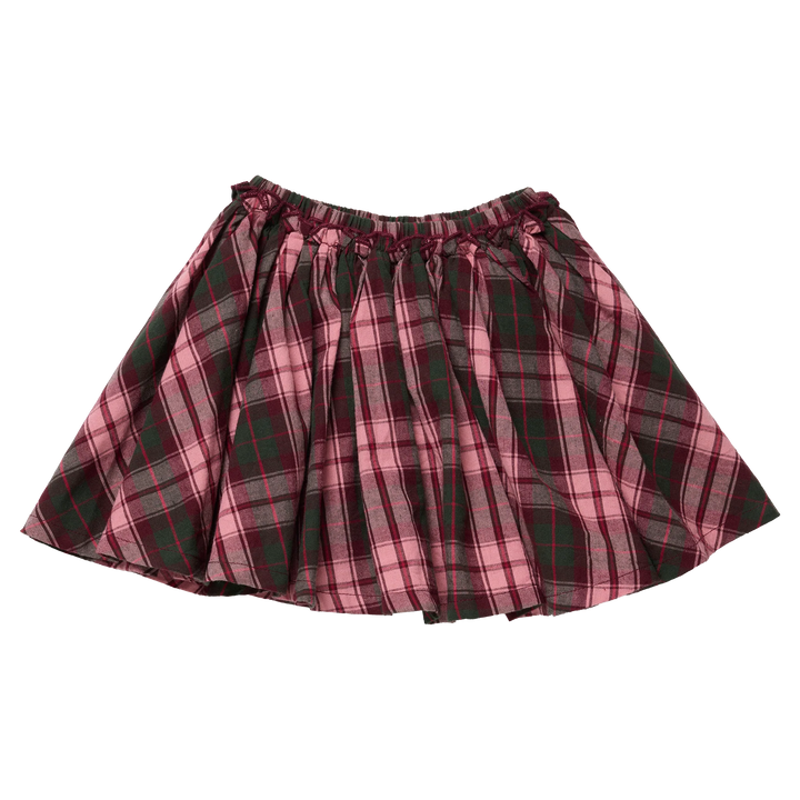 Pink Chicken Girls Gianna Skirt in Burgundy Tartan featuring pink, burgundy, and forest green plaid with a gathered elastic waistband and flared silhouette.