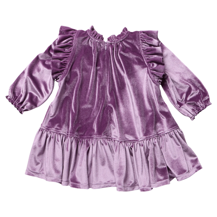 Back view of Girls Harper Dress Lavender Velour with ruffled shoulders, long sleeves, and flowy ruffle hem
