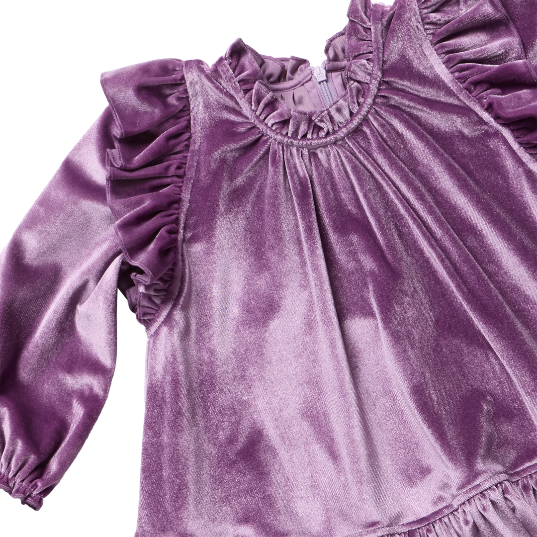 Close-up of Girls Harper Dress Lavender Velour showing the soft velvet texture, ruffled neckline, and shoulder details