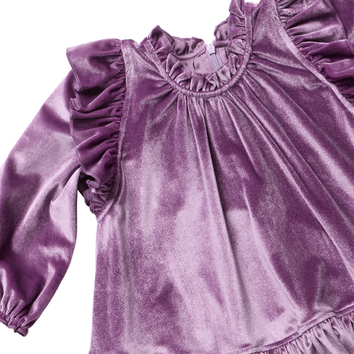 Close-up of Girls Harper Dress Lavender Velour showing the soft velvet texture, ruffled neckline, and shoulder details