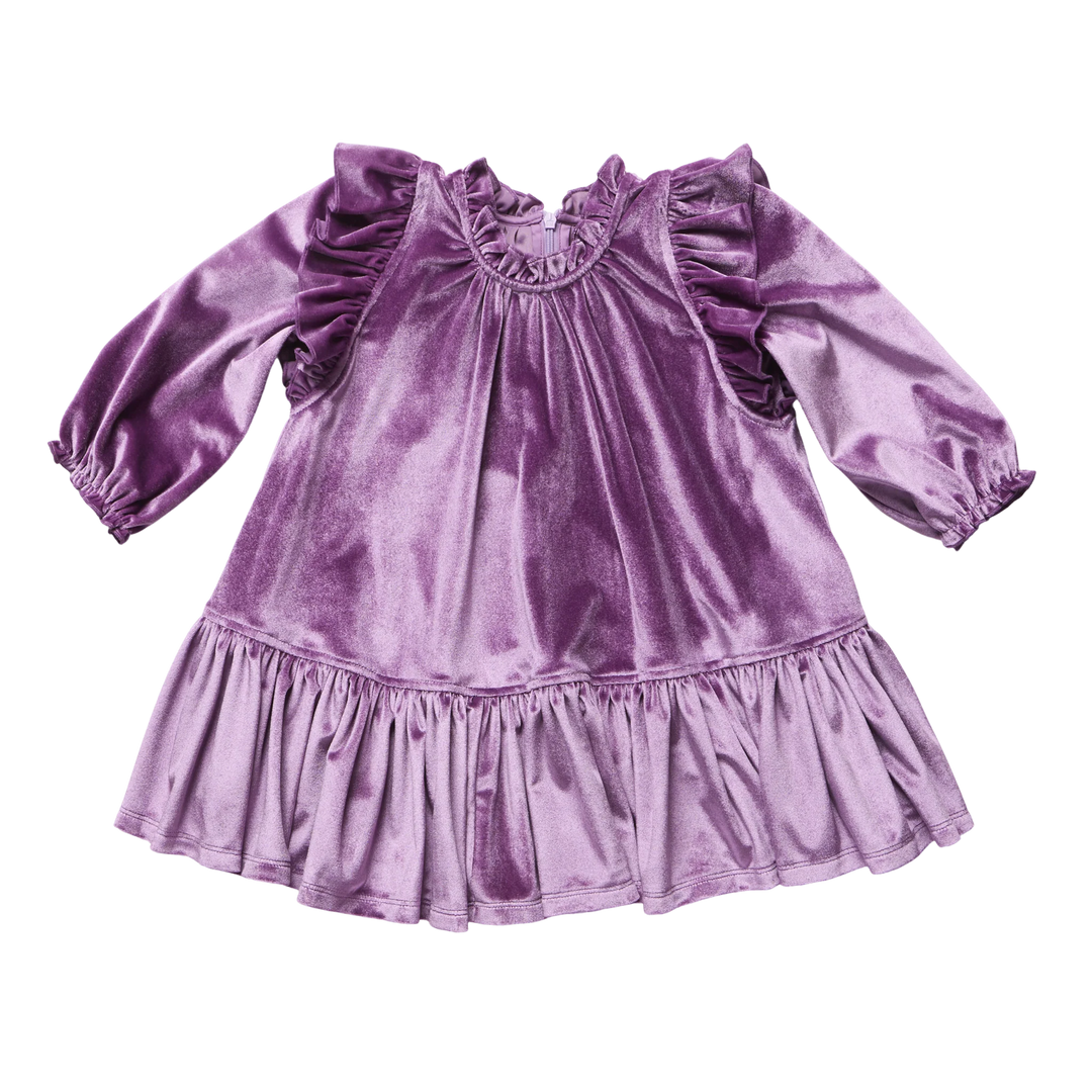 Girls Harper Dress Lavender Velour with ruffled shoulders, long sleeves, and a gathered ruffle hem