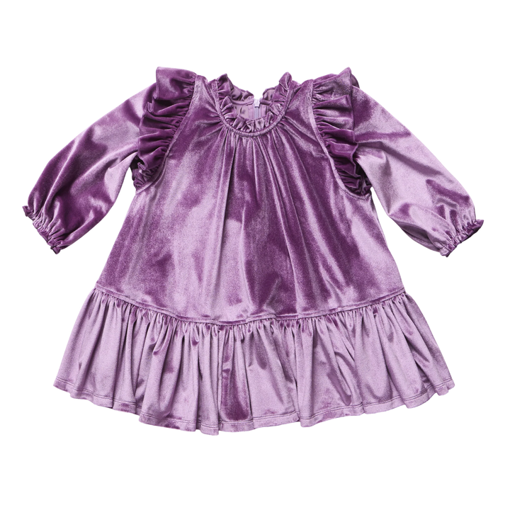 Girls Harper Dress Lavender Velour with ruffled shoulders, long sleeves, and a gathered ruffle hem