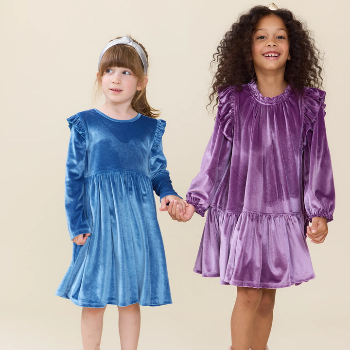 Girl wearing the Girls Harper Dress Lavender Velour alongside a coordinating blue velvet dress