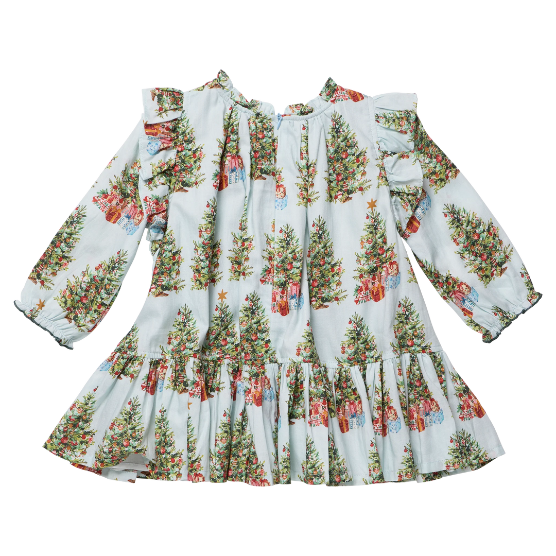 Back view of the Pink Chicken Girls Harper Dress in Trees and Presents featuring a festive Christmas tree print, long sleeves, ruffled shoulders, and tiered skirt.
