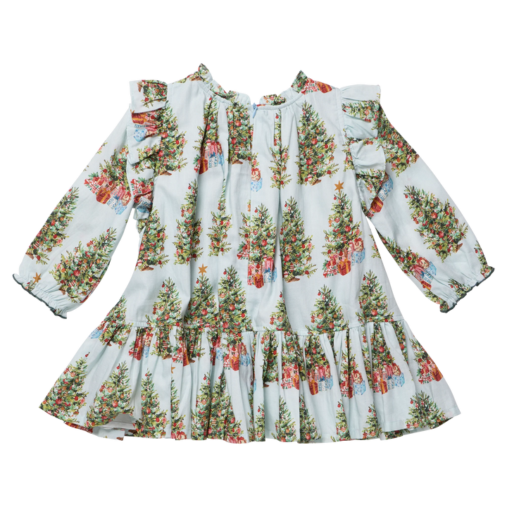 Back view of the Pink Chicken Girls Harper Dress in Trees and Presents featuring a festive Christmas tree print, long sleeves, ruffled shoulders, and tiered skirt.