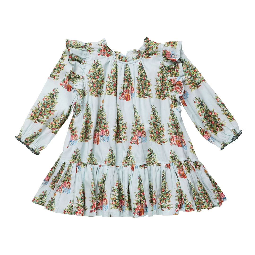 Pink Chicken Girls Harper Dress in Trees and Presents featuring a light blue Christmas tree print, ruffled shoulders, long sleeves, and a tiered hem.