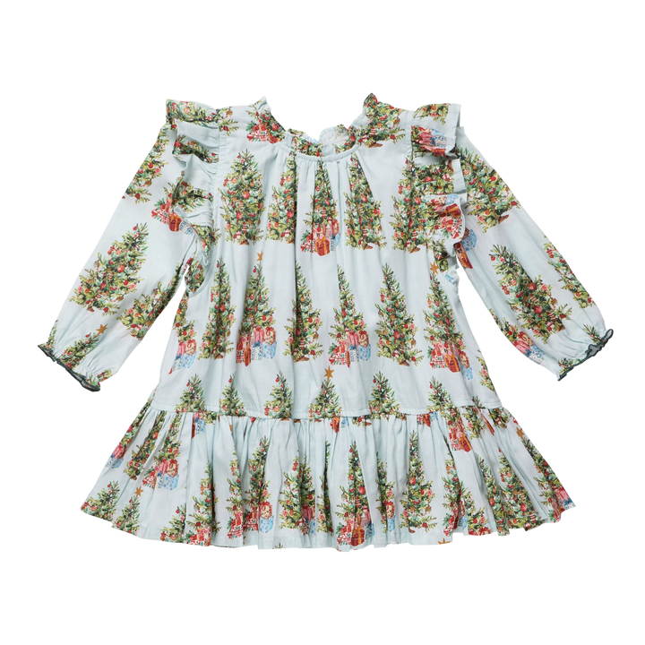 Pink Chicken Girls Harper Dress in Trees and Presents featuring a light blue Christmas tree print, ruffled shoulders, long sleeves, and a tiered hem.