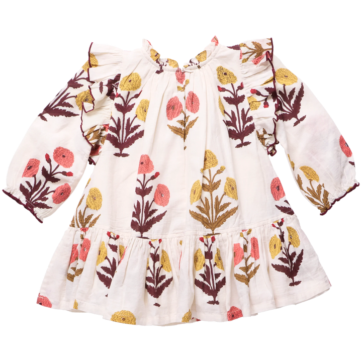 Back view of Girls Harvest Dandelion Dress featuring long sleeves and gathered ruffle hem
