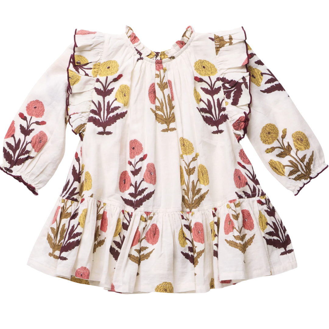 Girls Harvest Dandelion Dress with floral print, ruffled shoulders and long sleeves