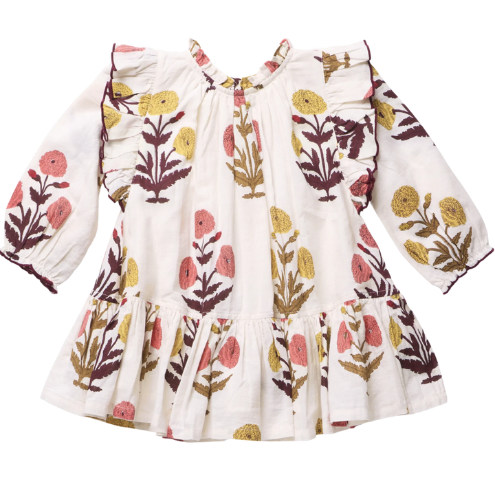 Girls Harvest Dandelion Dress with floral print, ruffled shoulders and long sleeves