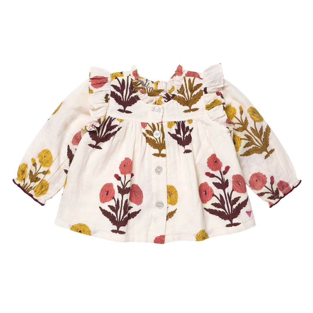 Girls Harvest Dandelion Top with floral print, ruffled shoulders, long sleeves and button front
