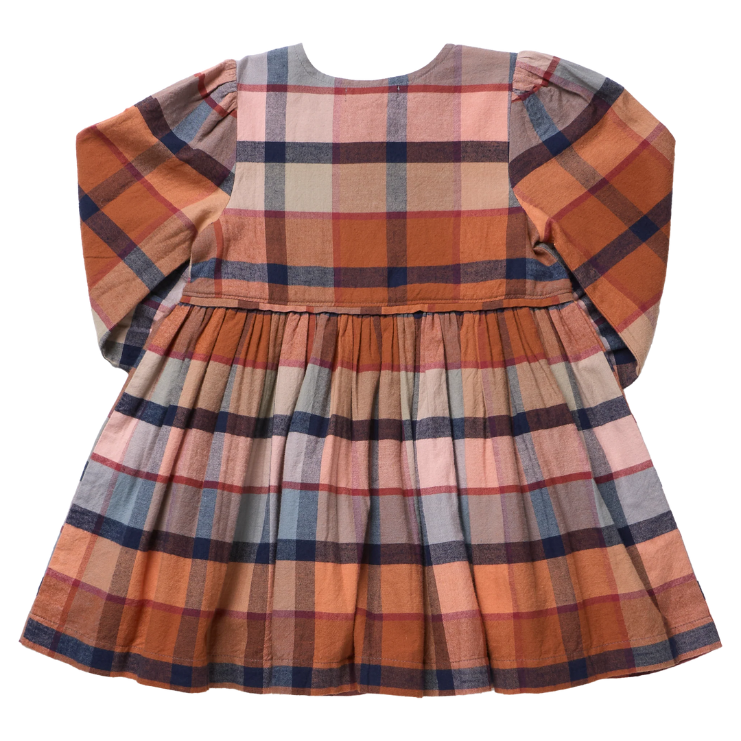Back view of Girls Hayride Plaid Dress with gathered skirt and warm autumn plaid