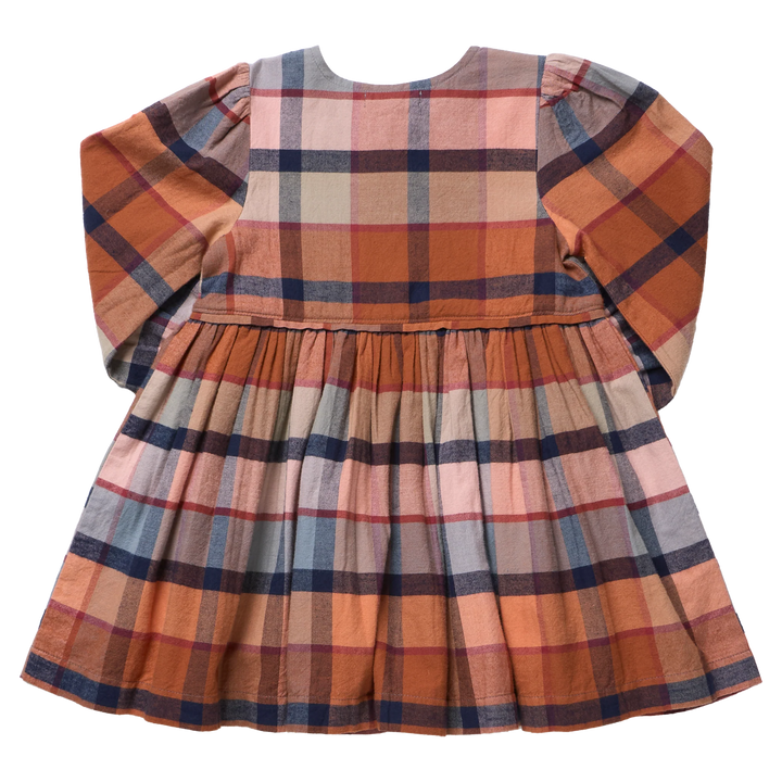 Back view of Girls Hayride Plaid Dress with gathered skirt and warm autumn plaid
