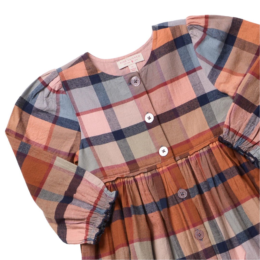 Close-up of Girls Hayride Plaid Dress featuring buttons, gathered waist and long sleeves