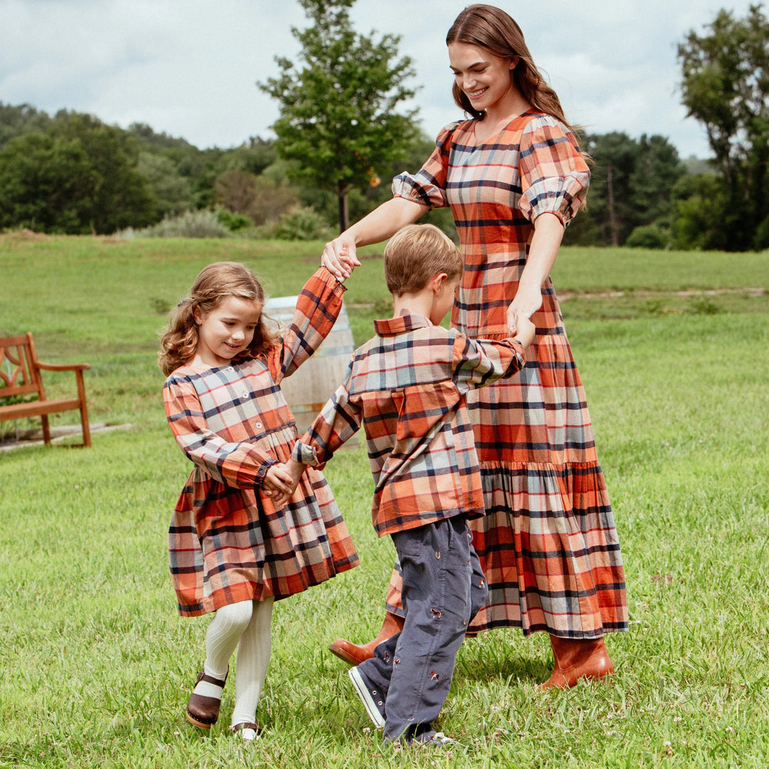 Girls Hayride Plaid Dress styled with coordinating family Hayride Plaid outfits
