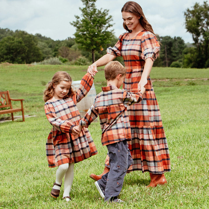 Girls Hayride Plaid Dress styled with coordinating family Hayride Plaid outfits