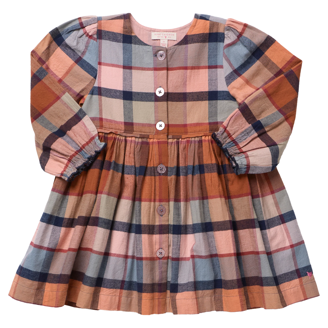 Girls Hayride Plaid Dress with long sleeves, button front and gathered skirt
