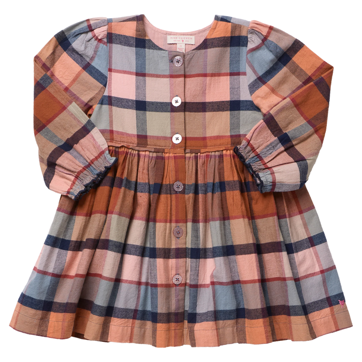 Girls Hayride Plaid Dress with long sleeves, button front and gathered skirt
